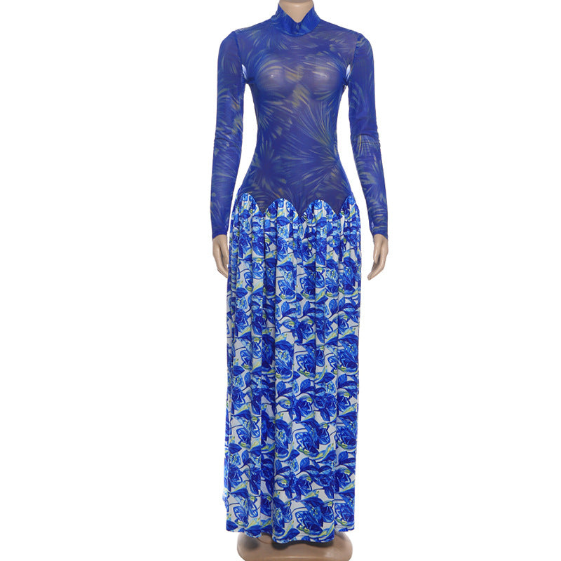 MB1814 Women's Blue Floral Milk Silk A-Line Maxi Dress