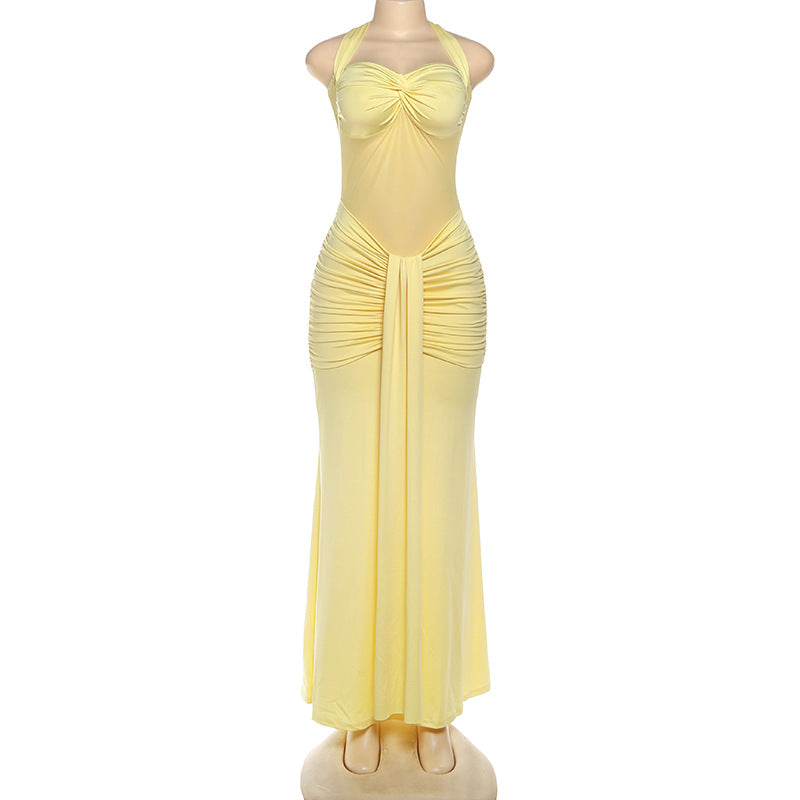 MB1816 Women's Sheer Mesh Halter Ruched Mermaid Maxi Dress