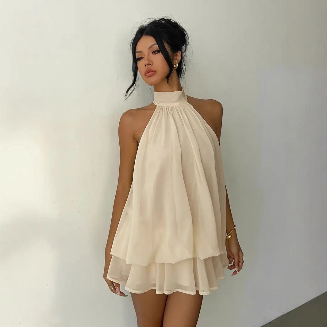 MB2001  Halter Backless Mini Dress - Flowy Ruffle Chiffon Party Dress for Women 