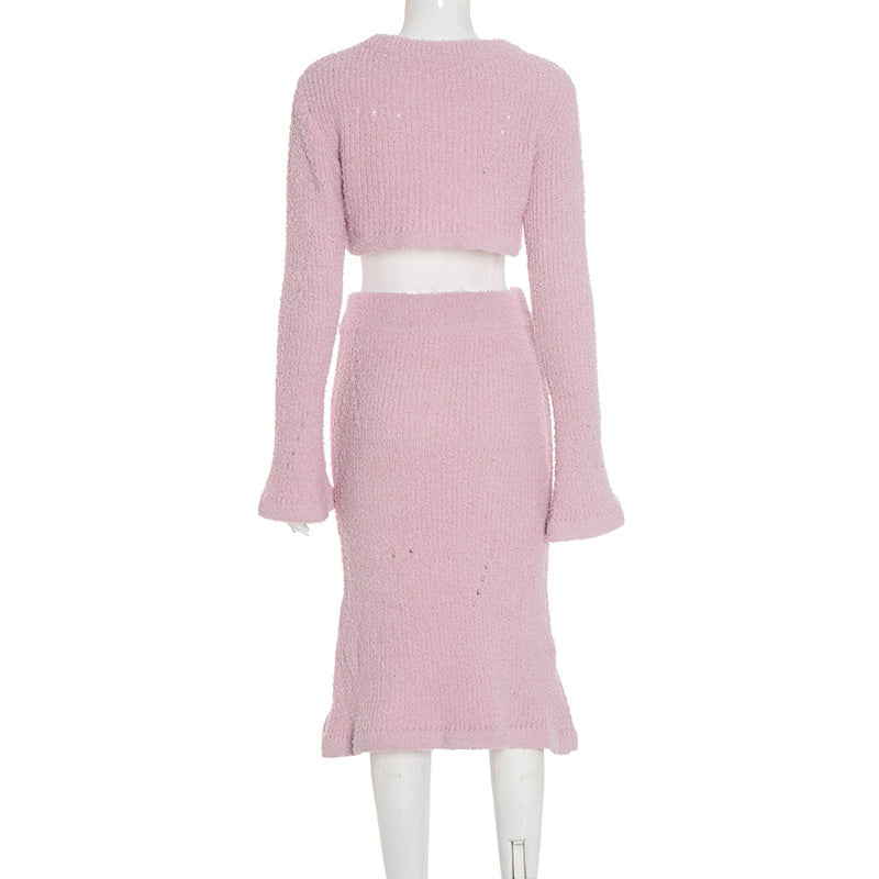 MB1080 Knit Crop Top & Fishtail Skirt Two-Piece Set for Women