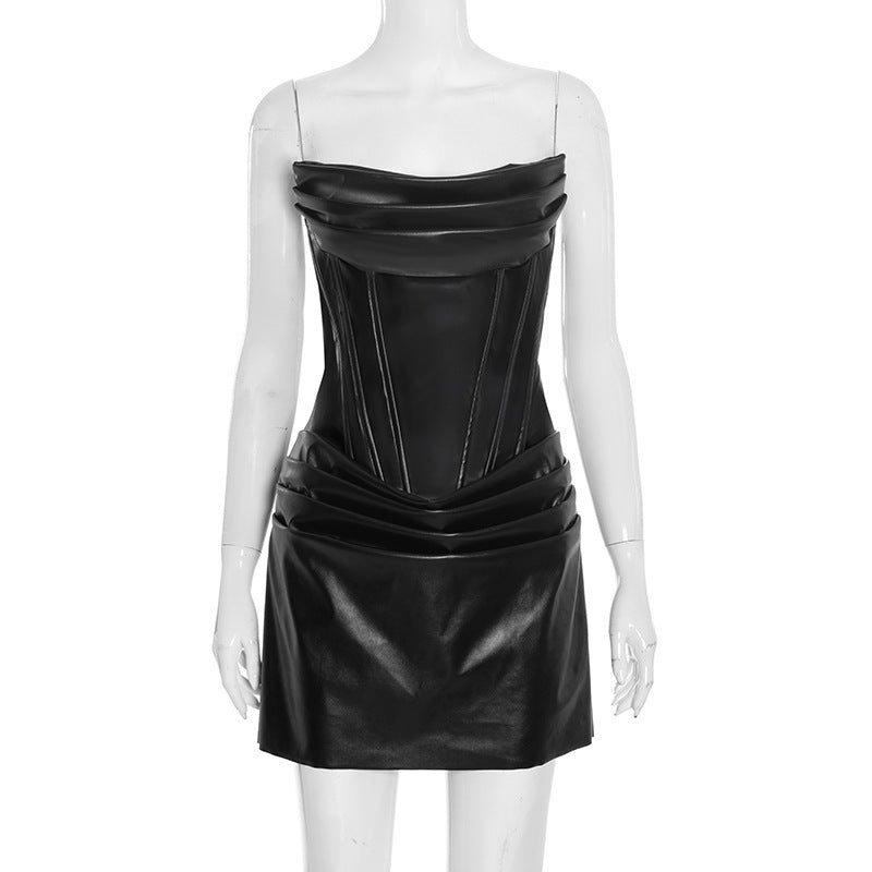 MB10116 PU Leather Ruched Corset Bustier Dress