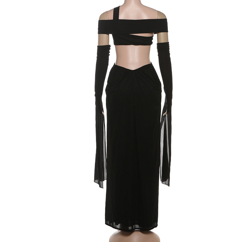 MB1819 Women's Black Off-Shoulder Cross Front Cutout Maxi Dress