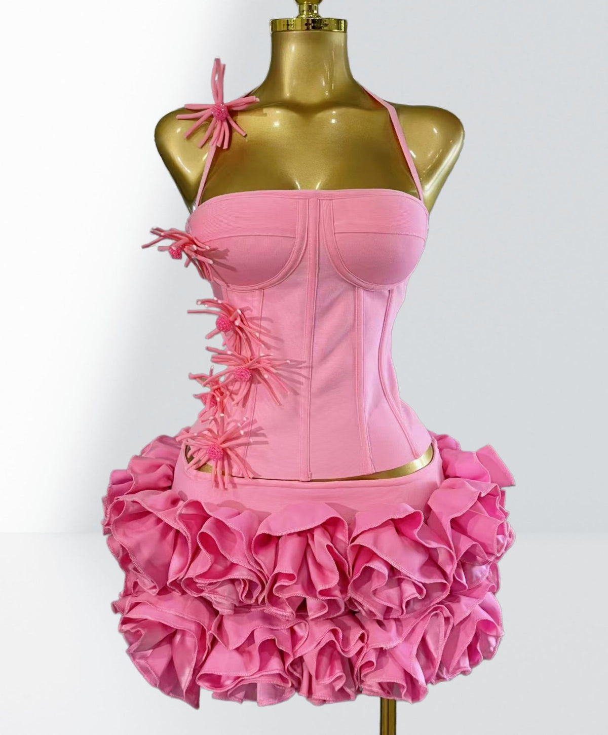 MB2110 3D Floral Ruffle Two‑Piece Bandage Set, Halter Top Mini Skirt utfit