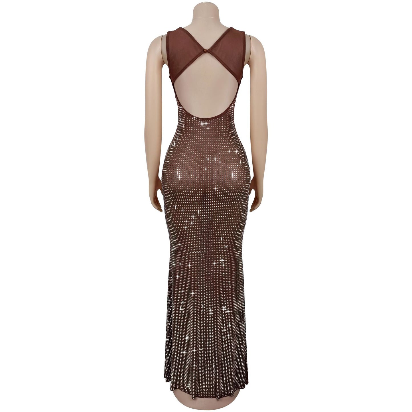 MB1605 Sheer Mesh Rhinestone Bodycon Maxi Dress