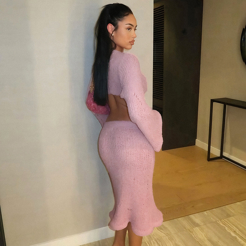 MB1080 Knit Crop Top & Fishtail Skirt Two-Piece Set for Women