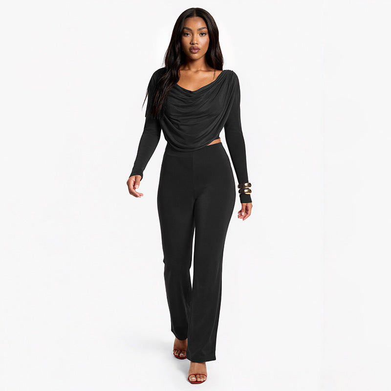 MB1066 Women's Cowl Neck Top &  Wide Leg Pants Two-Piece Set