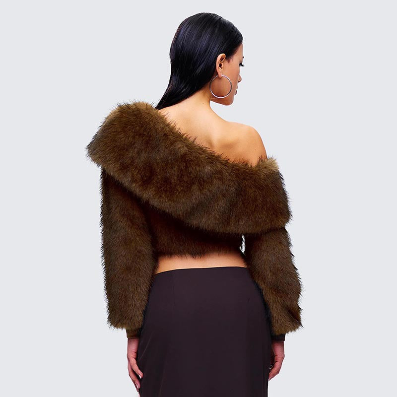 MB10113 Brown Faux Fur Off-The-Shoulder Cropped Top