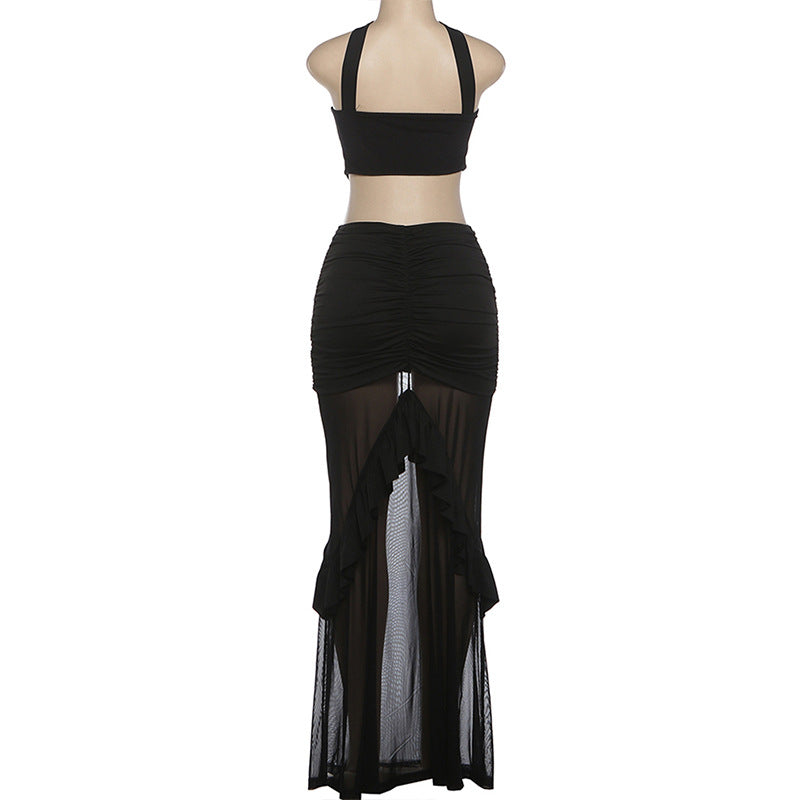MB1517 Halter Cutout Ruched Mesh Maxi Dress