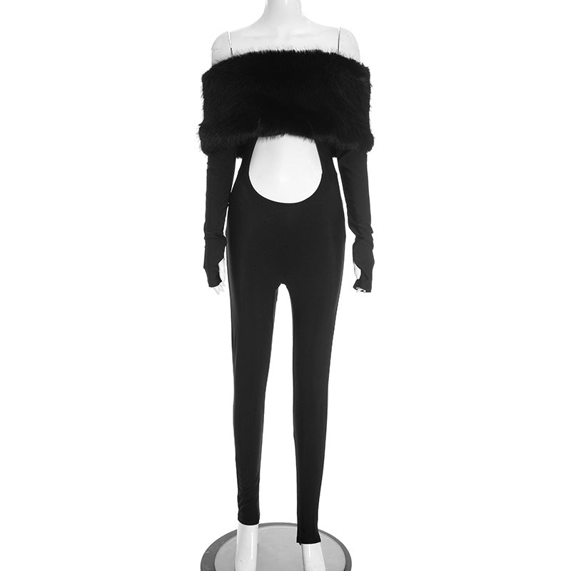 MB10140 Women’s Off-Shoulder Faux Fur Trim Cutout Jumpsuit