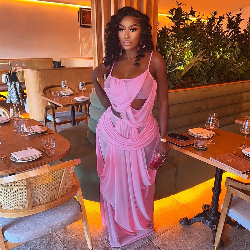 MB1901 Pink Two-Piece Mesh Set – Spaghetti Strap Crop Top & High Waist Maxi Skirt