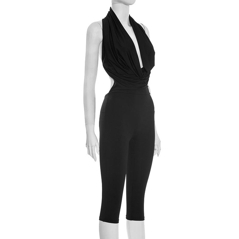 MB10154 Women's Halter Neck Deep V Cowl Front Capri Jumpsuit