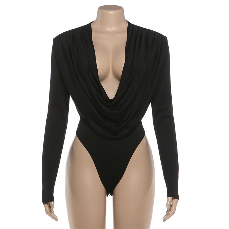 MB1831 Women's Deep V Neck Long Sleeve Bodycon Bodysuit