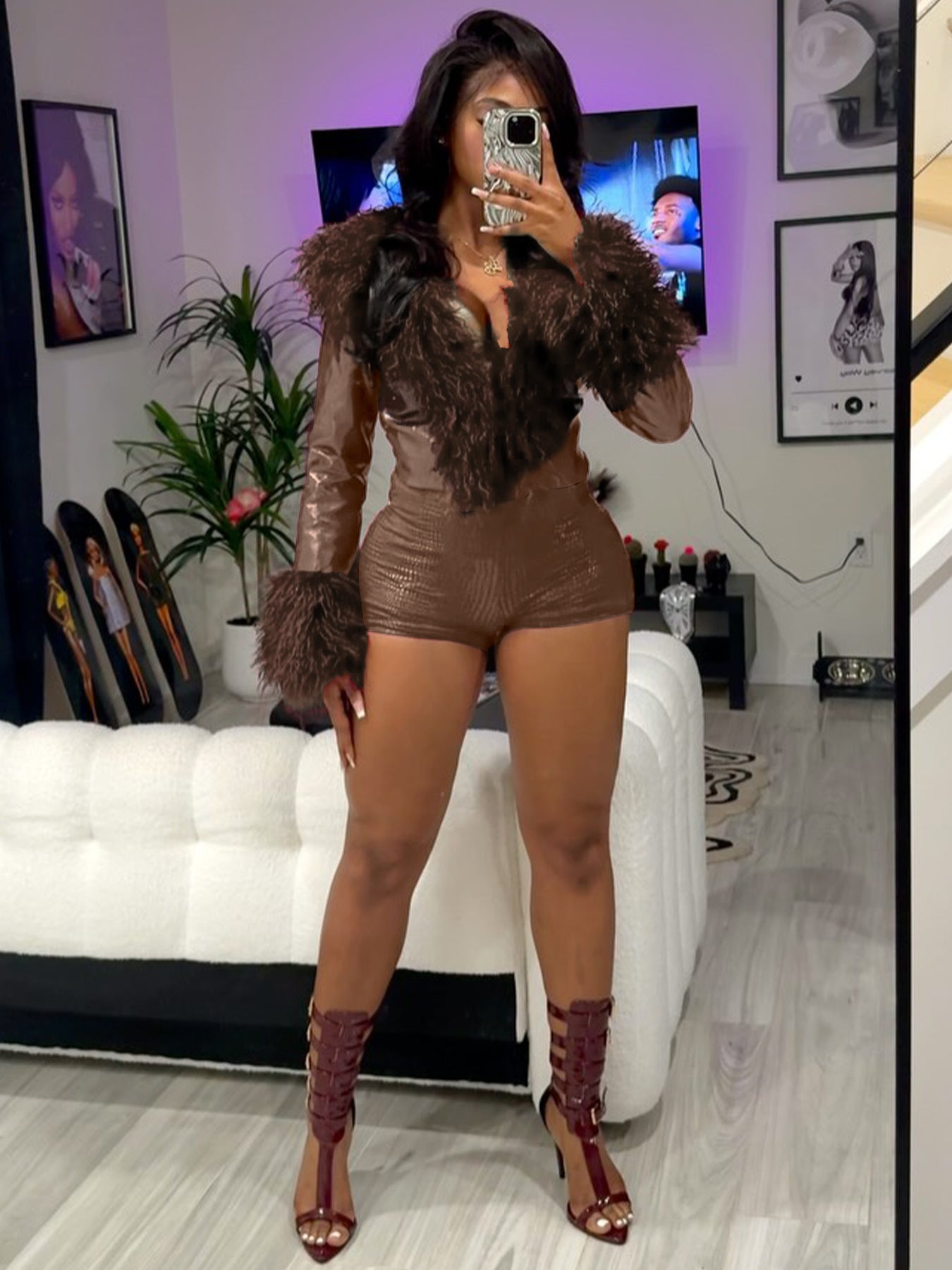 MB1720 Women’s Crocodile Print High-Waisted Leather Shorts