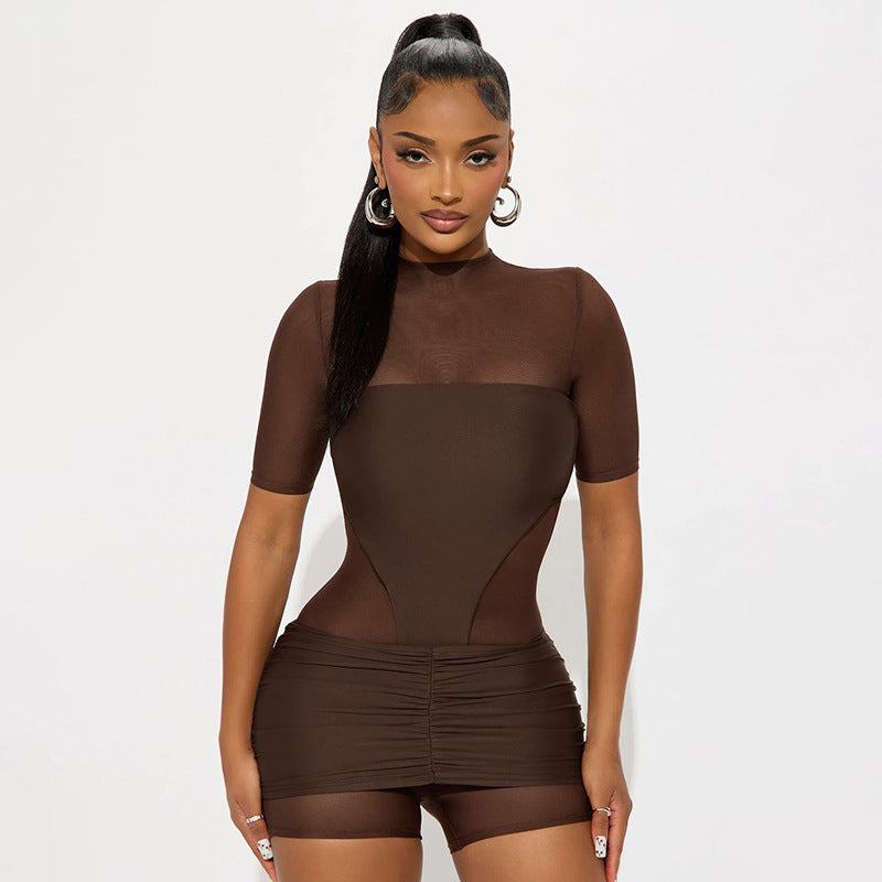 MB10157 Women's Mesh See Through Bodysuit - Two Layered Sexy Bodycon Matching