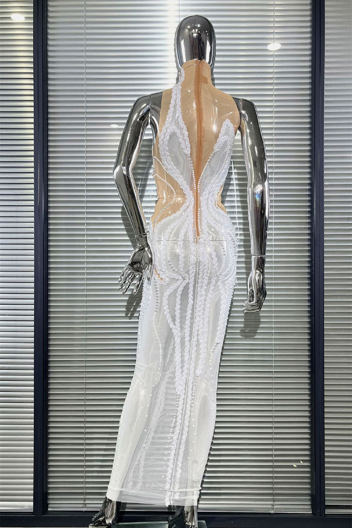 MB2105 White Sequin Mesh Maxi Dress, High Neck Sheer Bodycon Party Gown