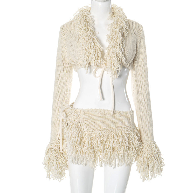 MB1022 Fringed Knit Set with Mini Skirt