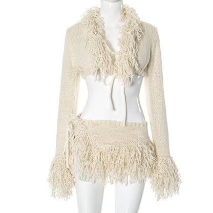 MB1022 Fringed Knit Set with Mini Skirt