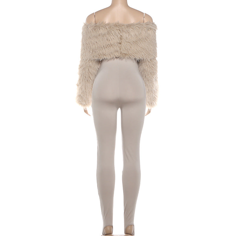 MB1145 Women’s Faux Fur Long Sleeve Jumpsuit