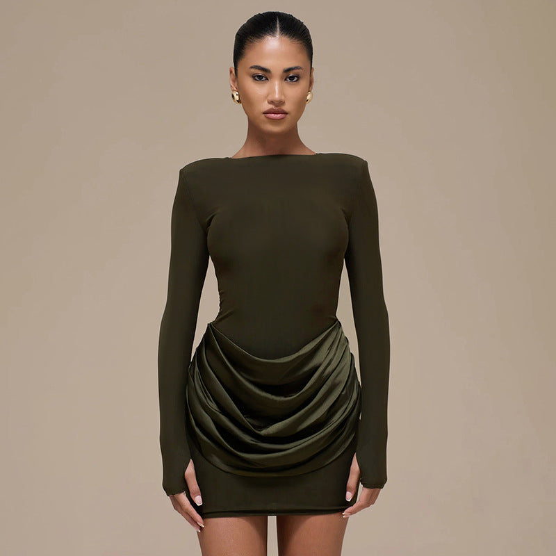 MB1418 Satin Ruched Waist Bodycon Mini Dress for Women