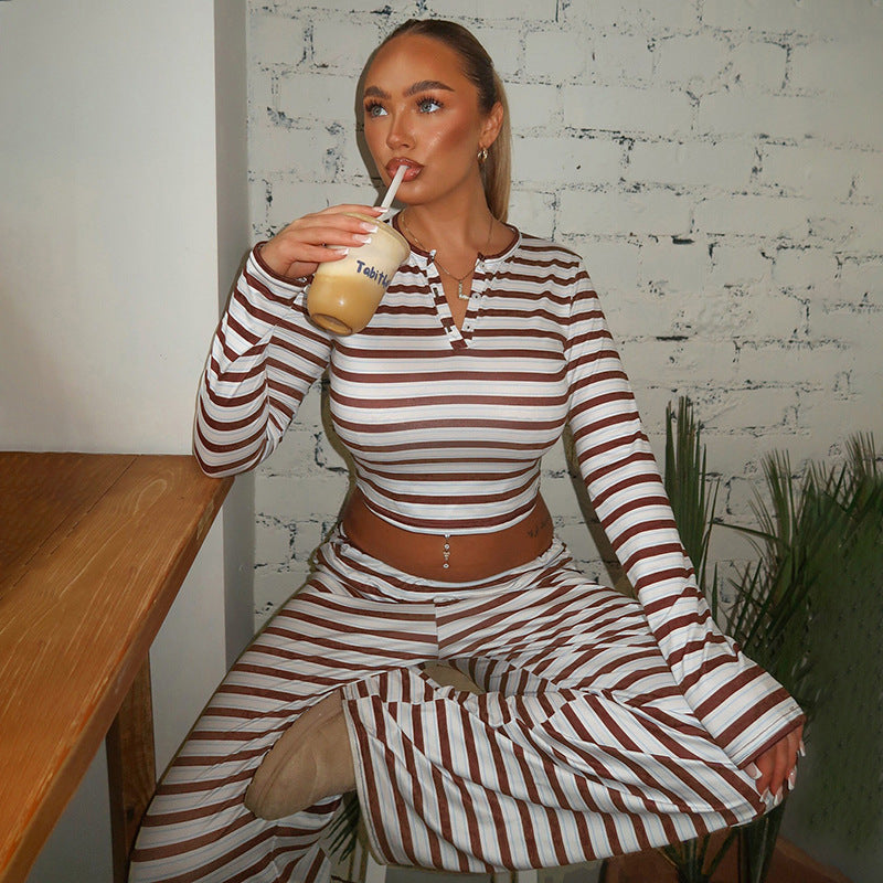 MB1425 Striped Loungewear: Long Sleeve Top + Wide Leg Pants