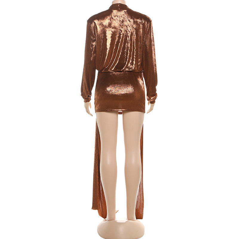 MB1509 Metallic 2-Piece Set: Long Sleeve Wrap Top and Bodycon Mini Skirt
