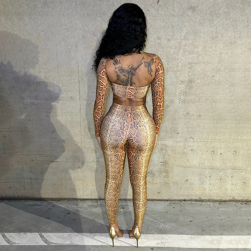 MB10129 Women's Snake Print Cutout Crop Top & Leggings Two Piece Set