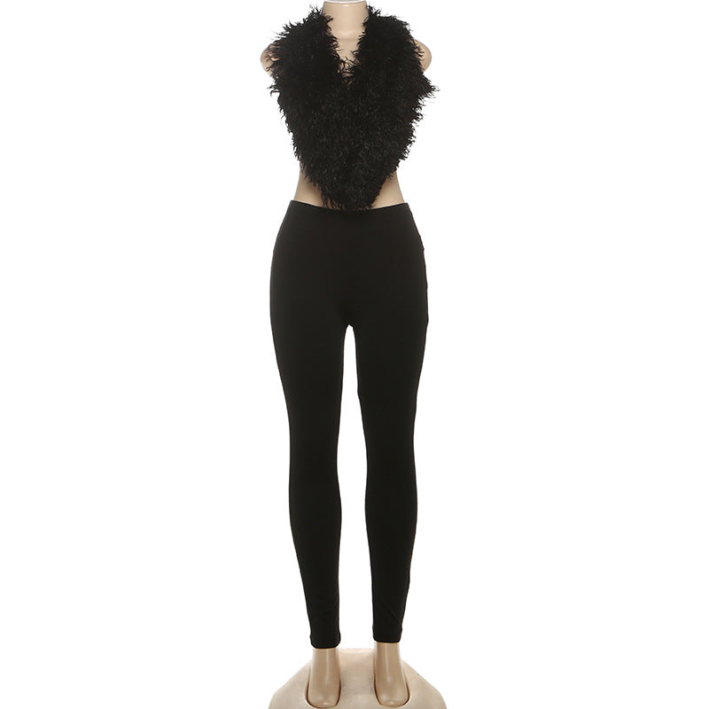 MB1801 Women's Faux Fur Trim Top & High Waist Leggings Two-Piece Outfit