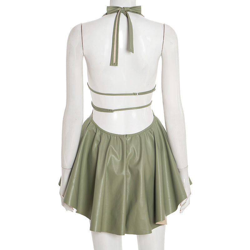 MB1085 Faux Leather Halter Dress Mini Dress for Women