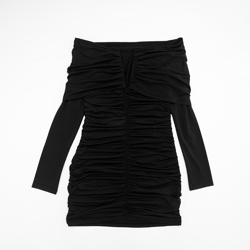 MB1410 Off-The-Shoulder Deep V Ruched Bodycon Mini Dress