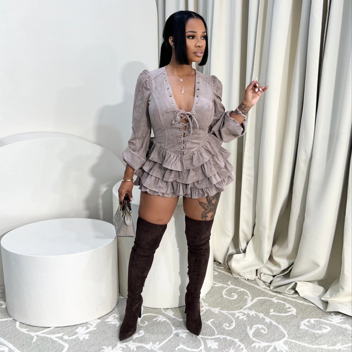 MB1610 Faux Suede Corset Mini Dress - Tiered Ruffle Party Dress