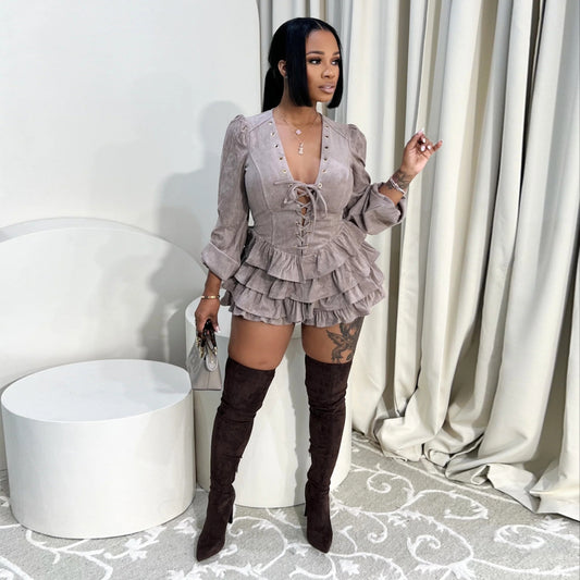 MB1610 Faux Suede Corset Mini Dress - Tiered Ruffle Party Dress