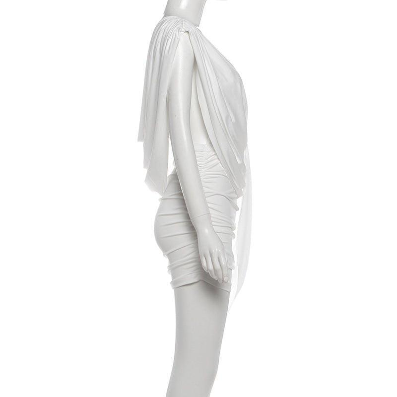 MB1151 Women’s White Deep V-Neck Ruched Mini Dress