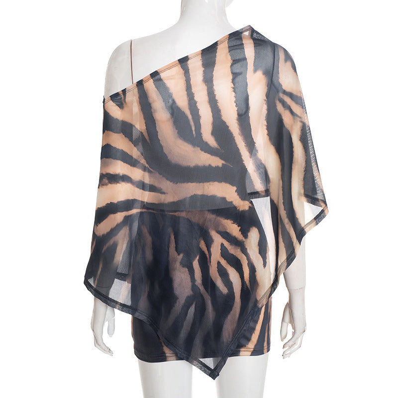 MB1458 Sheer Mesh Poncho Top & Bodycon Mini Skirt 2‑Piece Set