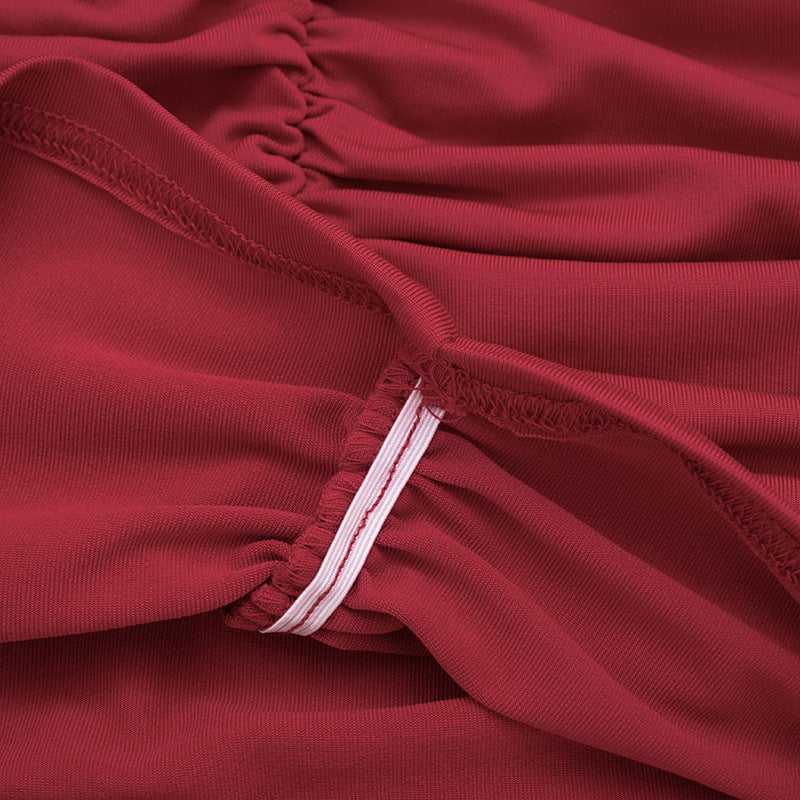 MB1435 Burgundy Turtleneck Ruched Bodycon Mini Dress - Long Sleeve Ruched Detail Evening Dress for Women