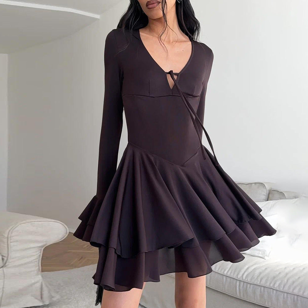 MB1321 Long Sleeve Tie-Front Mini Dress with Bell Cuffs