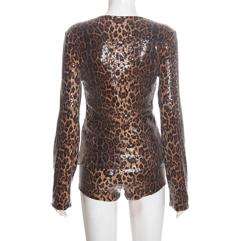 MB10123 Leopard Sequin Two Piece Set - Long Sleeve Blazer & High Waist Shorts