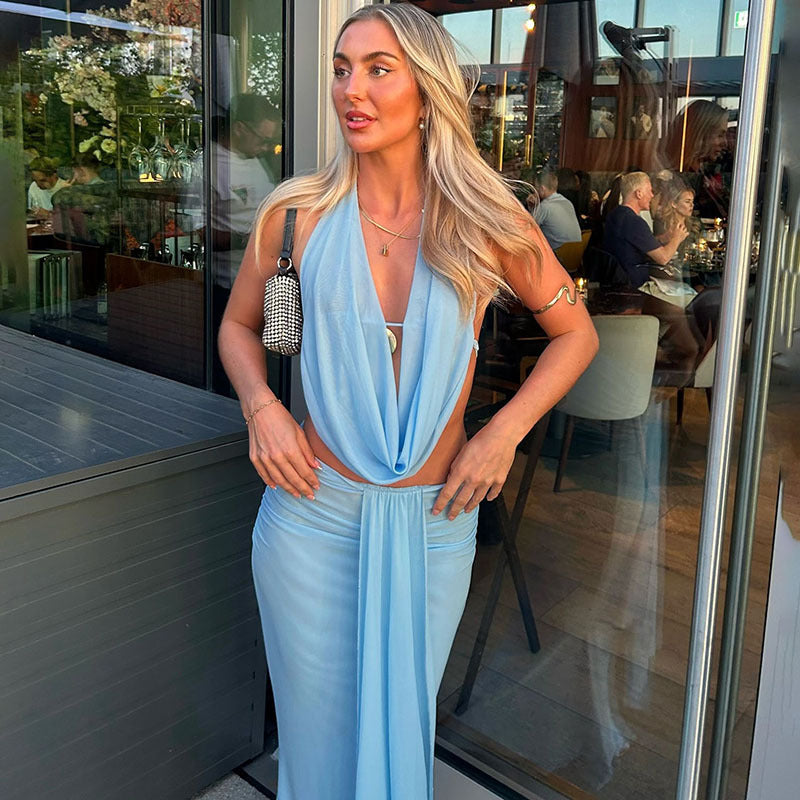 MB1505 Light Blue Sheer Mesh 2-Piece Set: Halter Drape Top and Maxi Skirt