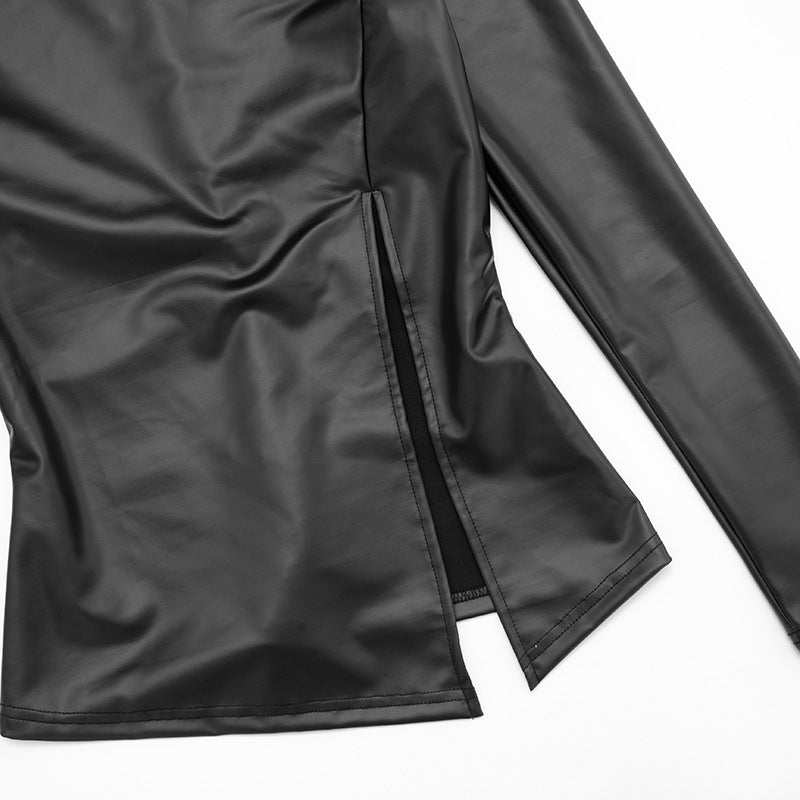 MB10122 Faux Leather Long Sleeve Split Top & High Waist Shorts