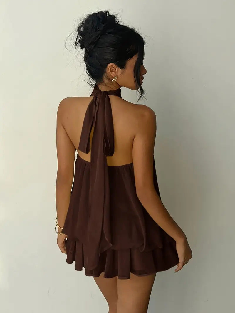 MB2001  Halter Backless Mini Dress - Flowy Ruffle Chiffon Party Dress for Women 