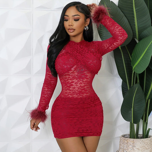 MB10117 Lace Sheer Bodycon Dress with Fur Cuff Detail