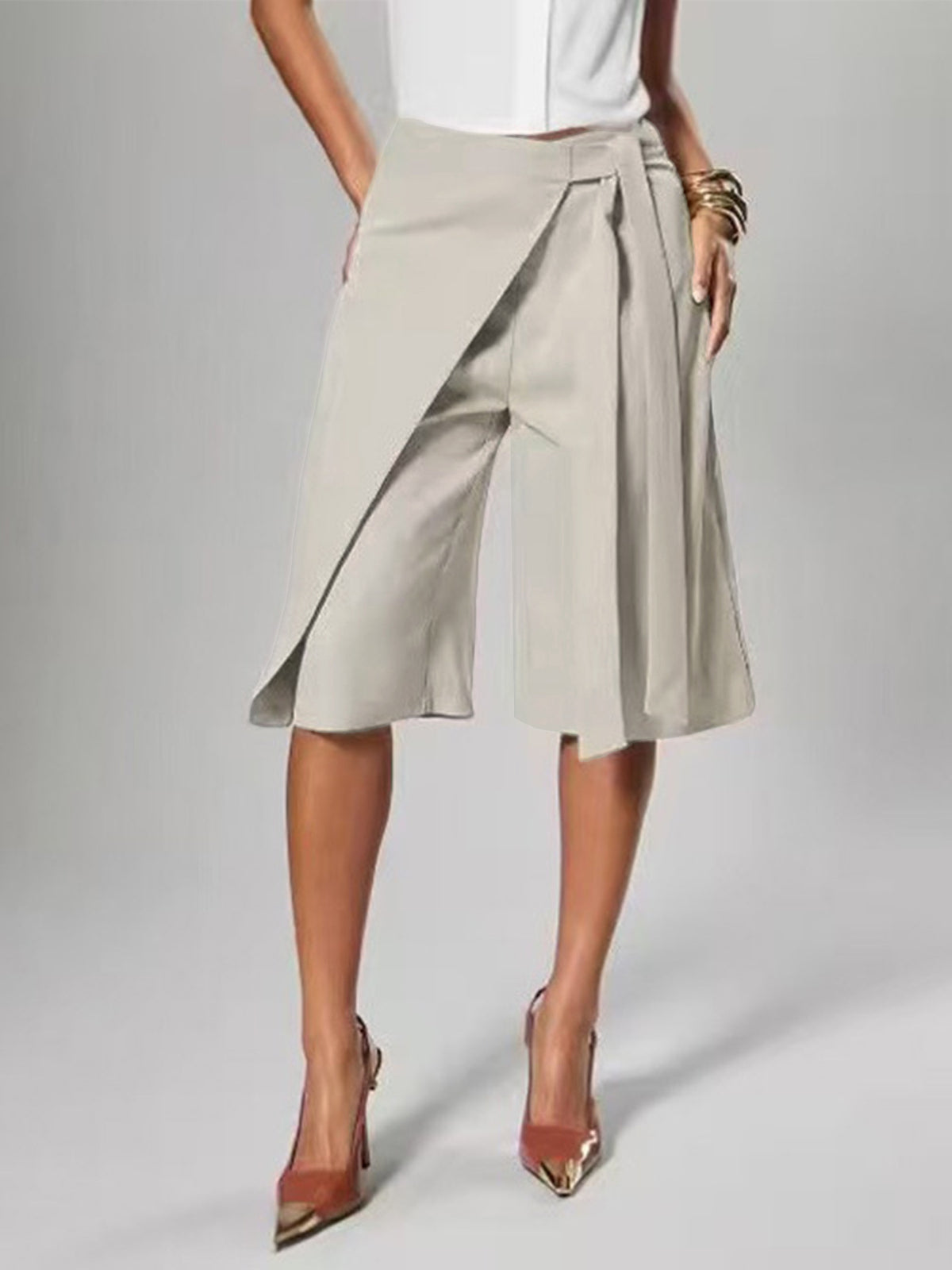 MB1732 Tie‑Waist Wrap‑Overlay Wide‑Leg Midi Culottes Capri Pants