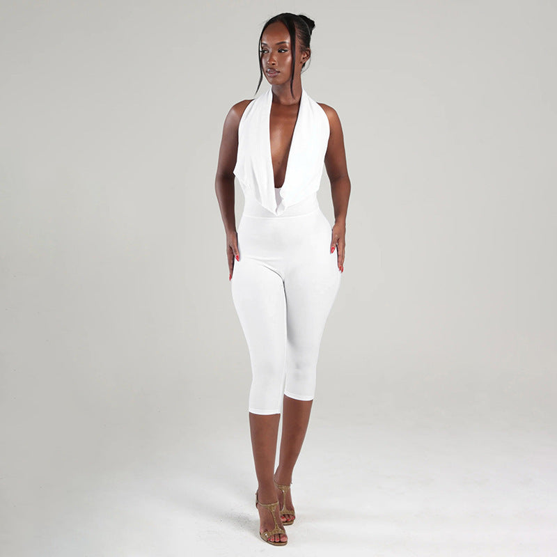 MB10154 Women's Halter Neck Deep V Cowl Front Capri Jumpsuit