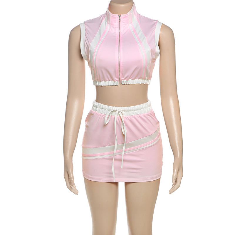 MB1105 Zipper Crop Top and Mini Skirt Set