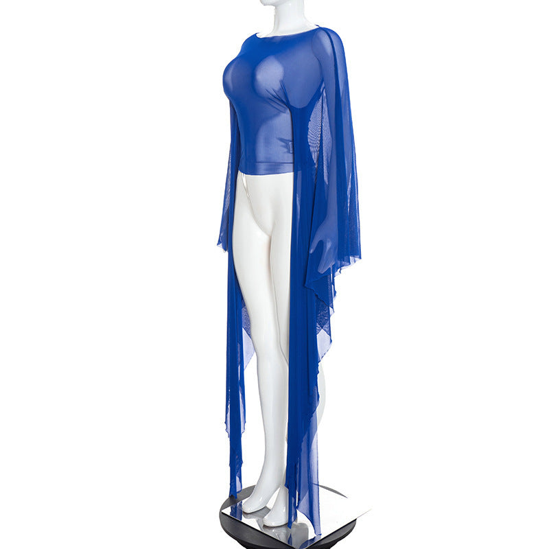 MB10209 Sheer Mesh Top Flare Floor‑Length Draped Long Sleeve