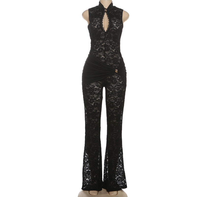 MB1122 Black Sheer Lace Sleeveless Flared Jumpsuit
