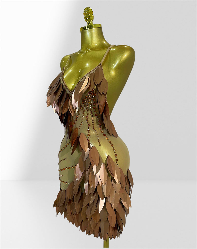 MB2103 Brown Acrylic Feather Mini Dress, Party Performance Gown