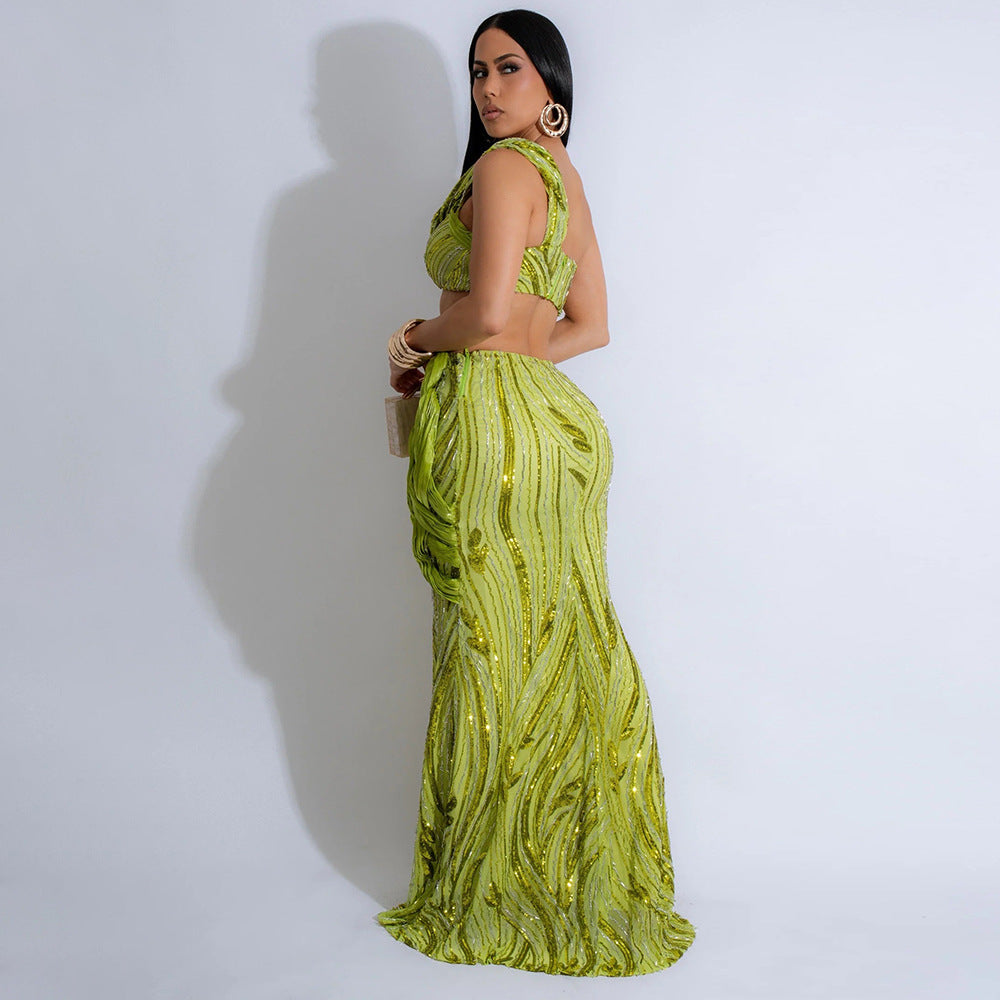 MB1219 Sequin One-Shoulder Crop Top & Bodycon Maxi Skirt Two Piece Set