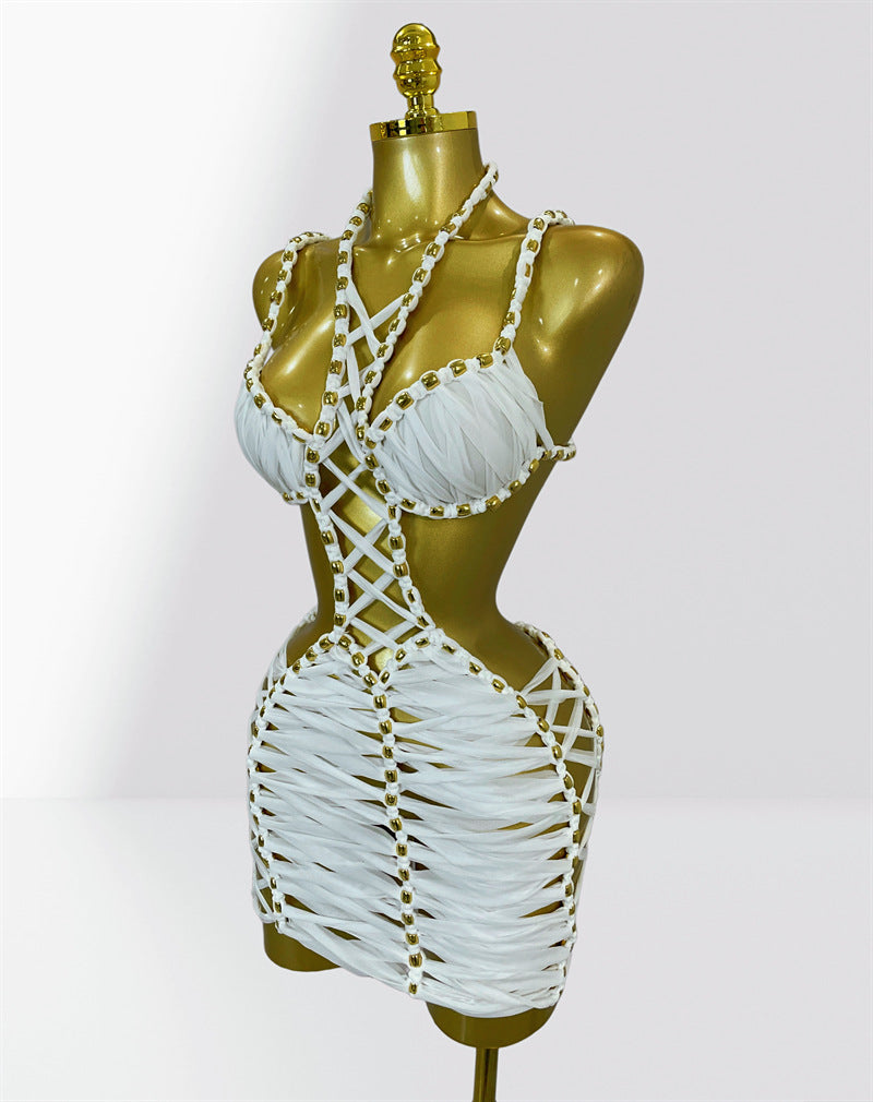 MB2101 Beaded Halter Dress, Beach Vacation Party Performance Evening Gown