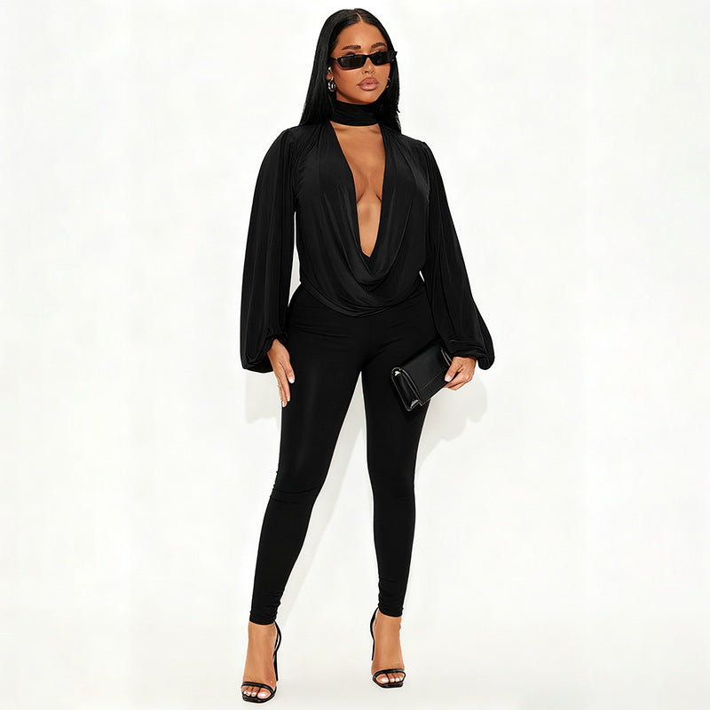 MB10137 Women’s Deep V Long Sleeve Top & Skinny Pants 2-Piece Set