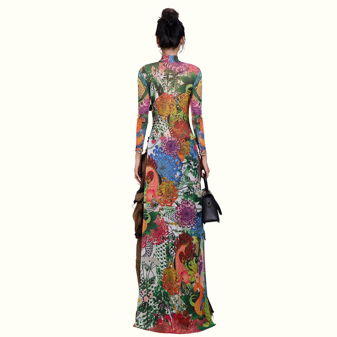 MB1838 Sexy High Neck Long Sleeve Sheer Maxi Dress with Tropical Floral & Koi Fish Print